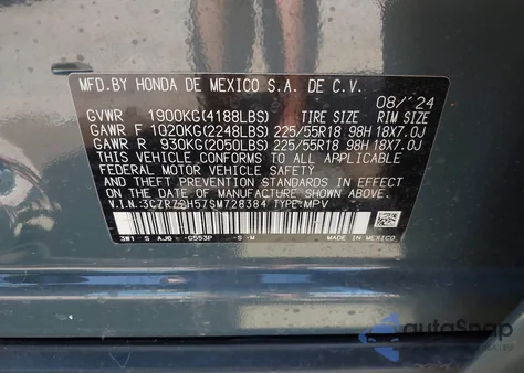 2025 Honda Hr-V Awd Sport from USA, damaged, VIN 3CZRZ2H57SM728384